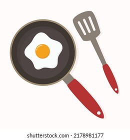 Huevos fritos en una sartén frita con ilustración vectorial de la espátula. Aislado sobre fondo blanco