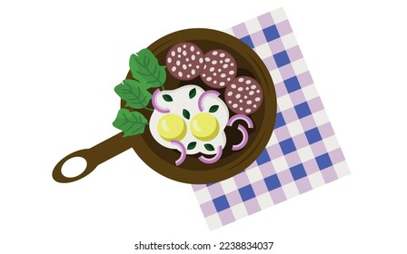 Huevos fritos aislados en la parte superior de la sartén. Comida. Desayuno. Huevos revueltos.  Ilustración del vector