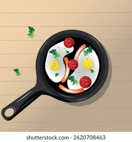 Fried eggs on frying pan.Tasty breakfast with sausages and tomatoes