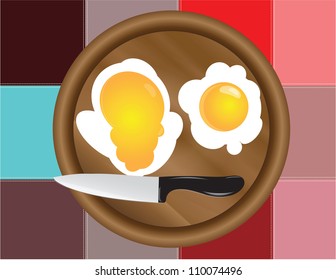 Fried eggs on the kitchen board with a decorative cloth. Vector illustration.