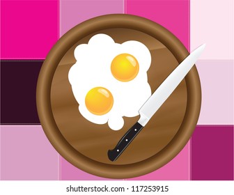 Fried eggs on the kitchen board with a decorative cloth. Vector illustration.