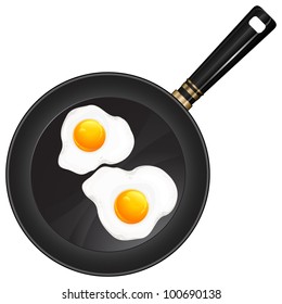 Fried eggs on pan with handle, food ingredients, vector illustration