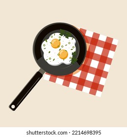 Fried eggs on pan with parsley. Top view of healthy breakfast food. Vector illustration