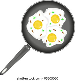 Fried eggs on pan. Three eggs with bacon and herbs. The illustration on a white background for your design.