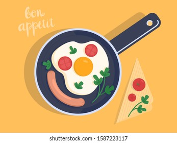 Fried eggs on the pan with tomatoes and sausages. Vector illustration. Flat style