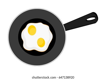 Fried eggs on pan on white background, breakfast omeletteer icon, stock vector illustration