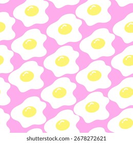 Ovos fritos em padrão sem emenda de fundo rosa. Café da manhã gostoso. Ilustração desenhada à mão vetorial.