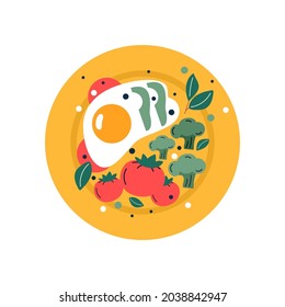 Huevos fritos en el plato para el desayuno con tomate y brócoli. ilustraciones vectoriales de moda dibujadas a mano. Estilo de caricatura. Diseño plano.