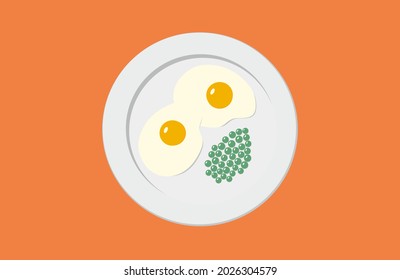 Fried eggs on plate with green peas, close up top view. Healthy food. Meal. Eating. Breakfast. Lunch. Cook eggs on kitchen. Sunny-side up eggs. Yolk, protein. Ketogenic diet. Flat vector illustration.