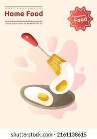 Fried eggs on the plate and spatula poster template. Kitchen utensil, breakfast home made dish. Restaurant or cafe, poster, banner, flyer or advertising.