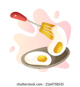Fried eggs on the plate and spatula. Breakfast, branch, cooking, home made dish concept. Isolated Vector illustration.