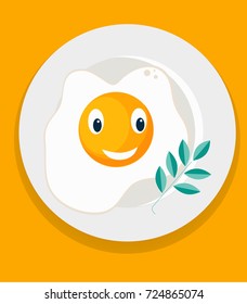 fried eggs on the plate , vector, flat, icon, eye, cartoon , on a yellow background