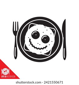 Huevos fritos en rodajas de tostadas en placa con icono de glifo vector de cubiertos. Símbolo del desayuno.