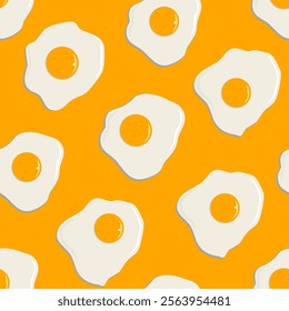 Fried eggs on a vibrant yellow background, seamless repeatable pattern. It highlights sunny-side-up eggs with runny yolks, perfect for breakfast themes, kitchen decor, or fun graphic projects.