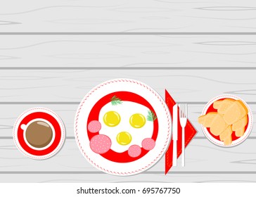 Fried eggs on a wooden table vector
