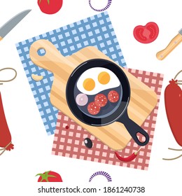 Fried eggs with onions and sausage in a pan, around various products tomatoes, knife, etc. On white background. Delicious food, the concept of a fun time. vector seamless pattern background