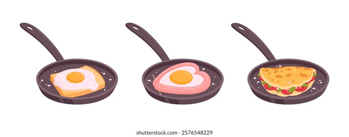 Fried eggs in pan. Cartoon scrambled and stuffed eggs, chicken eggs tasty breakfast dishes flat vector illustration set. Tasty fried eggs in frying pan