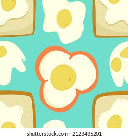 Fried eggs in pepper and on toast hand drawn vector seamless pattern. Morning breakfast fried eggs