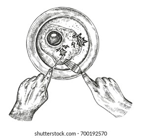 Fried eggs in plate vector  Hand holding fork   knife  Hand drawing illustration