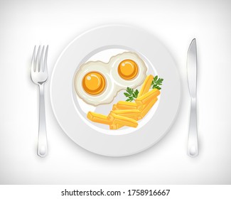 Fried eggs with fried potatoes, parsley leaf, fork, knife on white plate in flat style. Breakfast, snack, dinner, lunch, supper menu. Organic healthy bio farm products. Hand drawn vector image.