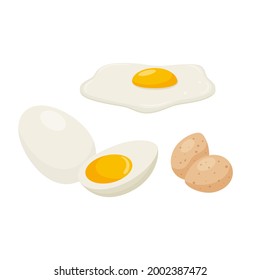 Eier, roh und gekocht. Gekochtes Hühnereier, Wachteleier. Ei mit Eigelb. Lebensmittelzutat, ein Produkt tierischen Ursprungs. Cartoon-Stil. farbige Vektorgrafik einzeln auf weißem Hintergrund