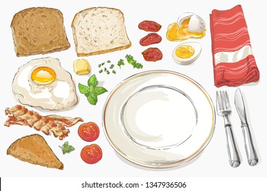 Fried eggs with salad on a plate with knife and fork. Tasty breakfast perfect fried egg. top view. vector illustration isolated on white background.