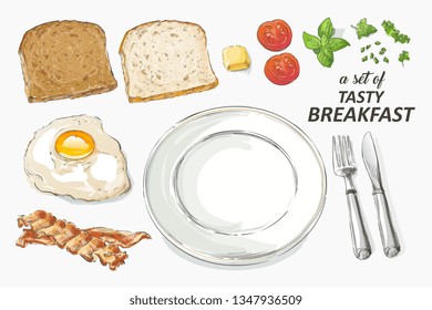 Fried eggs with salad on a plate with knife and fork. Tasty breakfast perfect fried egg. top view. vector illustration isolated on white background.