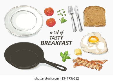 Fried eggs with salad on a plate with knife and fork. Tasty breakfast perfect fried egg. top view. vector illustration isolated on white background.