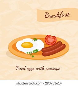 Fried eggs and sausage. Breakfast cartoon food icon vector illustration