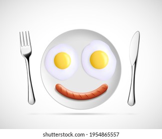 Fried eggs with sausage in the form of a smiley on a plate. Vector illustration. Icon isolated on white background.