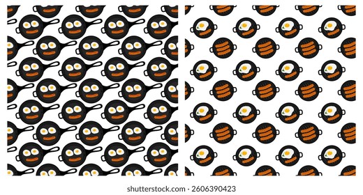 Fried eggs and sausage like smiling emoticon in pan. Grilled sausages and egg Seamless Pattern Set 2