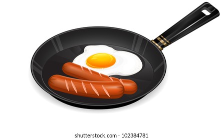 Fried eggs and sausage on pan, food ingredients, vector illustration