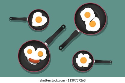 Fried eggs and sausage on pan, food ingredients, vector illustration