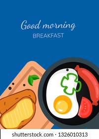 Fried eggs with sausage on the pan, sandwich with butter, illustration for your design. Cover for the menu.