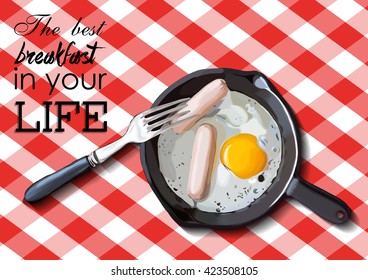 Fried eggs and sausage on pan, food ingredients, vector illustration