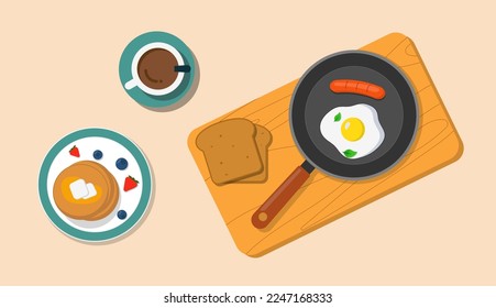 Fried eggs with sausage in pan with bread, cup of coffee, and pancakes with berries top view. Traditional breakfast symbol. Morning mood. Roast meal. Flat style with shadows. Vector illustration.