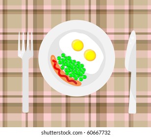 Fried eggs with sausage and peas