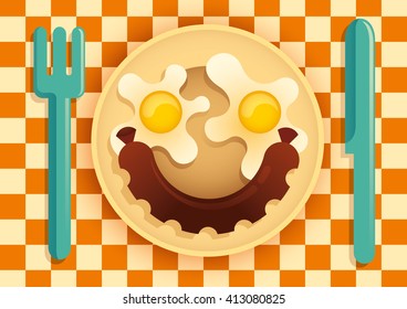 Fried eggs and sausage. Vector illustration.