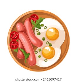 Spiegelei und Würstchen, Cartoon-Teller aus Holz für das Frühstück. Draufsicht auf gekochte Cartoon deftiges Morgengericht aus Eiern und Fleisch, halbierte Tomate, Petersilienblätter und grüne Zwiebeln Vektorillustration