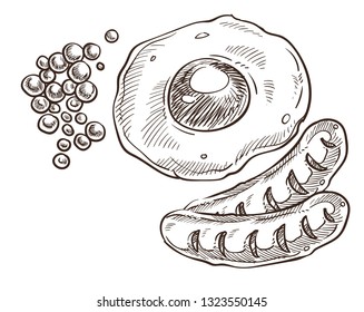 Fried eggs and sausages cooked on breakfast vector monochrome sketch outline food prepared for lunch omelet with meat meal eaten in morning flat style dishes ingredients and fresh sweet berries