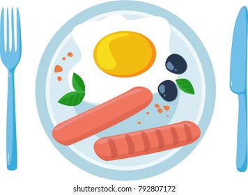 fried eggs and sausages cooked on a grill lie on a plate. vector illustration. fork and knife. White background.