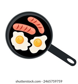 Fried eggs and sausages in a frying pan. Breakfast frying pan vector illustration.