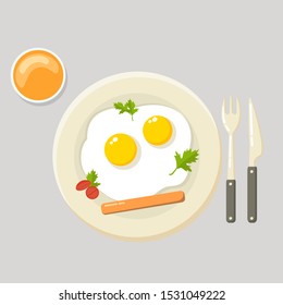 Fried eggs with sausages, herbs and tomatoes for breakfast in a plate, orange juice