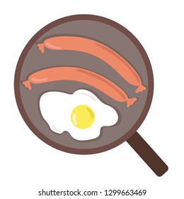 Fried eggs with sausages, scrambled eggs top view, vector graphics