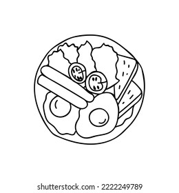 Fried eggs with sausages, vegetables and toasted bread on plate doodle illustration in vector. Hand drawn illustration of fried eggs with sausages, vegetables and toasted bread on plate. Breakfast.