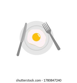 Fried eggs. Scrambled egg. Plate, fork and knife. Breakfast serving. Cooked omelette. Isolated white background. EPS10 vector illustration.