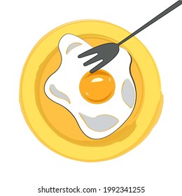 Fried eggs. Scrambled egg. Plate, fork. Breakfast serving. Cooked omelette. Isolated white background. EPS10 vector illustration.