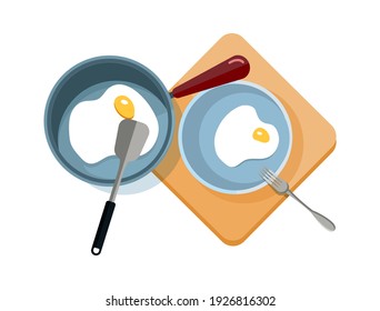 Eier aus Rührei. Rührei in Pfanne und auf Teller. Einziger Frühstückskoch, Zubereitung von Speisen. Küchengeräte Draufsicht, Vektorgrafik