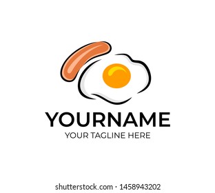 Fried eggs or scrambled eggs with sausage or frankfurter, logo design. Food and drink, breakfast, eatery and restaurant, vector design and illustration