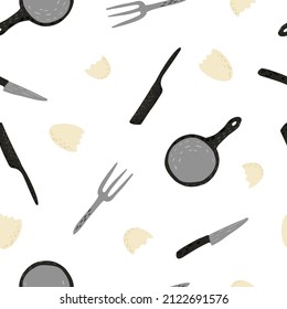 Fried eggs seamless pattern. Broken egg, fork, frying pan, table knife. Food background. Creative design for fabric, textile print, surface, wrapping, cover. Vintage vector illustration